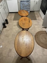 Vintage Set of 3 Solid Oak Wood Oval Folding TV Trays Tables Rustic Farmhouse - £140.94 GBP