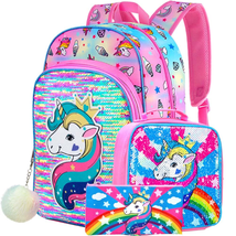 3PCS Unicorn Backpack for Girls16&quot; Little Kids Sequin Preschool Bookbag and Lunc - £35.89 GBP