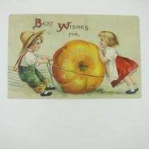Thanksgiving Postcard Farm Boy &amp; Girl Move Giant Pumpkin Embossed Antique 1908 - £7.96 GBP