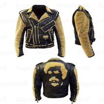 New Handmade Men&#39;s Punk Black Golden Studded Monster Skull Leather Jacket-560 - £503.58 GBP