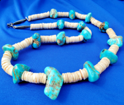 NATIVE VINTAGE SANTO DOMINGO TURQUOISE WHITE SHELL STERLING SILVER NECKLACE 28" - $2,971.51 CAD