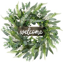 Green Artificial Eucalyptus Wreath With Welcome Sign 20In Mixed White Be... - £34.25 GBP