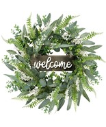 Green Artificial Eucalyptus Wreath With Welcome Sign 20In Mixed White Be... - £33.96 GBP