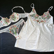 Victoria&#39;s Secret 36C BRA SET+thong+SLIP satin WHITE red strawberry embroidered - £154.64 GBP