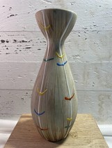 West Germany Pottery Pitcher Ewer Wood Grain Colorful Stripes Glaze Mid ... - $29.03