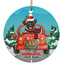 Cute Pug Dog Ride Car The Most Time Of Year Christmas Circle Ornament - £15.78 GBP