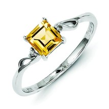 Sterling Silver Rhodium Plated Diamond &amp; Citrine Square Ring - £42.95 GBP