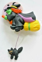 Flying Halloween Witch on Broomstick with Cat and Moving Stars Brooch 2 3/4&quot; - £11.95 GBP