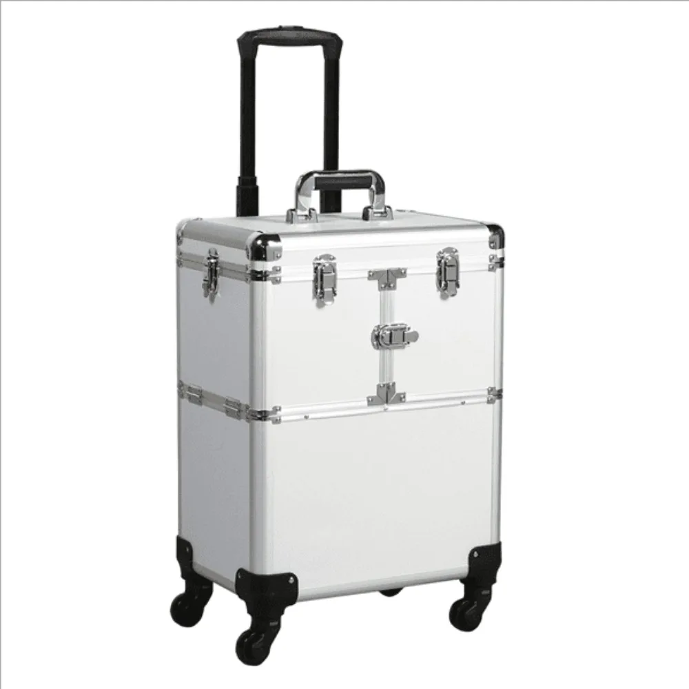 Professional Rolling Cosmetic Case Lockable Aluminum Trolley with Wheels Silver - £123.01 GBP