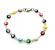 7 Inch 304 Stainless Steel Colorful Puffed Round Evil Eye Bezel 2 Sided Bracelet - £7.50 GBP