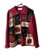 Tiara International Cardigan Sweater Size Med Red Christmas Poinsettia F... - $13.32
