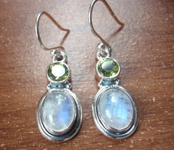 Faceted Peridot &amp; Moonstone Double Gem 925 Sterling Silver Earrings - £16.58 GBP