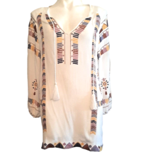 Small Indigo Threads White Gauze Tunic Embroidered Boho Navajo Look - $28.04