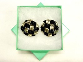 Button Style Clip-On Earrings, Black &amp; Silver, Beaded Checkerboard, JWL-031 - £6.94 GBP