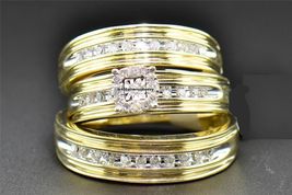 Round Diamond Mens Womens Engagement Wedding Trio Ring Set 10K Yellow Gold Over - £105.47 GBP