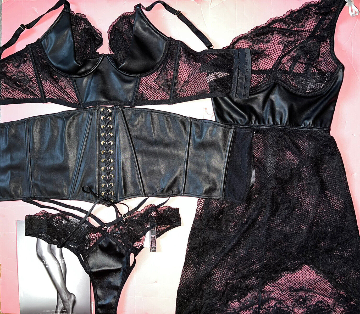 Primary image for Victoria's Secret 34B,34D CORSET BRA SET+M CINCHER+DRESS BLACK faux LEATHER LACE