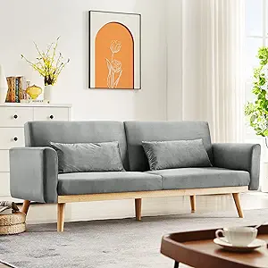 Grey Futon Sofa Bed, Velvet Convertible Sofa Couch Sleeper With Wood Leg... - $496.99