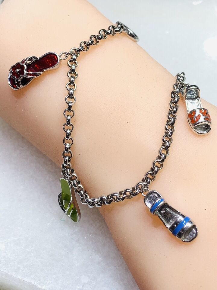 HAN Sterling Silver 925 Enamel Bracelet, Sandal Flip Flop Charm,7.5&quot; Inches - $60.86