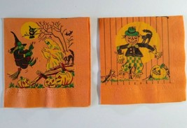 Vintage Halloween Crepe Napkins Witch Ghost Scarecrow Owl Black Cat Lot Of 2 - £11.58 GBP