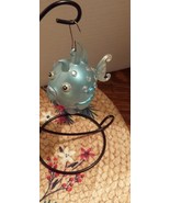 Vintage Blown Glass Blow fish Jeweled Christmas Ornament 4.5&quot; Aqua green  - $74.24