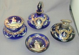 Antique Cobalt Blue Enamel Painted Bohemian Glass 4 Piece Dresser Set Gi... - £196.65 GBP