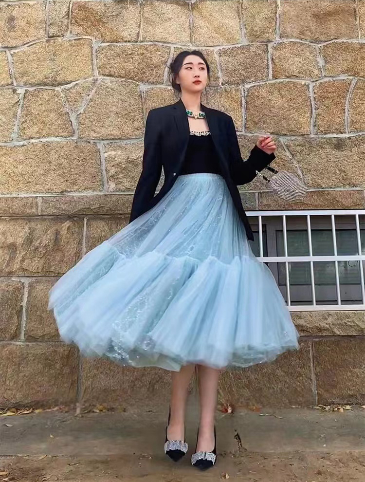 Tiered Ruffled Blue Gradient Pleated Tulle Skirt,handmade