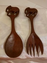 Hand Carved Wooden Elephant Salad Spoon and Fork Serving Set 8&quot; Tall - $17.82