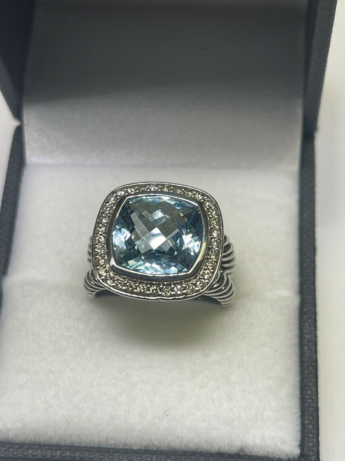 Primary image for DAVID YURMAN (c) Sterling Silver 11mm Blue Topaz Albion Diamond Ring (Size 6)