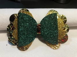 CAYLEE FLOWER 3 LAYER HAIR BOW, HOLOGRAPHIC GOLD, GOLD AND GREEN 5&quot; X 3.5&quot;, - £5.44 GBP