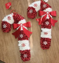 2 CANDY CANS RED &amp; WHITE TINSEL HANGER w RED BOW 15” Christmas - $5.23