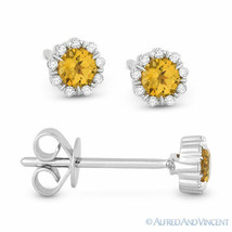 0.28ct Round Cut Yellow Citrine &amp; Diamond Pave 14k White Gold Baby Stud Earrings - £167.05 GBP
