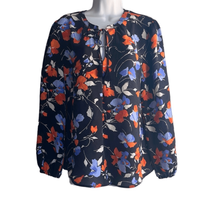 Joie Womens XL 100% Silk Blouse Navy Blue Floral Keyhole Neck Long Sleeve NWT - £74.47 GBP