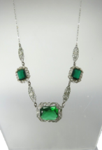 Art Deco Necklace Filigree Links Green Glass Silver Tone 17&quot; Circle Spri... - £106.09 GBP