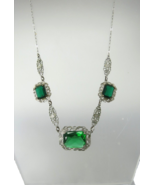 Art Deco Necklace Filigree Links Green Glass Silver Tone 17&quot; Circle Spri... - $2,600.29 MXN