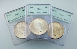 Lot of 3 PCGS Peace Dollars 1923-1925 OGH MS64 Great Lot! - $623.70