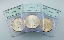 Lot of 3 PCGS Peace Dollars 1923-1925 OGH MS64 Great Lot! - £498.55 GBP