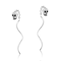 Tiny Skull Chain Thread Spiral Stick Slide Sterling Silver Earrings - £10.27 GBP