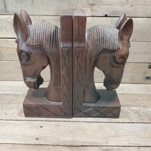 VTG Hand Carved Solid Wood Horse 2 Heads Book Ends Large Heavy 12&quot; Equestrian - £59.49 GBP