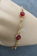 Red Bezel Set Glass Crystal Bracelet Gold Tone Links 7.5&quot; Circle Spring ... - $9.89