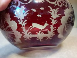 Vintage Bohemian Ruby Red Bowl Cut To Clear Glass Castle Deer 8 Inch  - £22.17 GBP