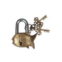 padlock heavy duty with keys brass lock antique fish shape - £32.75 GBP