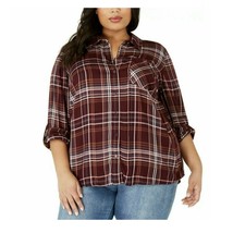 Style &amp; Co Womens Plus 3X Berry Plaid Roll Tab Sleeve Button Up Shirt NWT E84 - £21.92 GBP