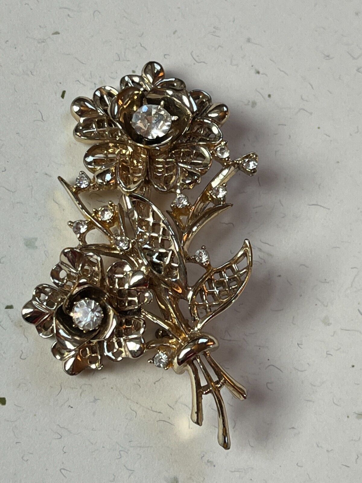 Vintage Coro Signed Goldtone Lacey Flowers w Clear Rhinestone Accents Pin Brooch - $14.89