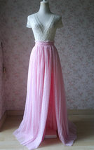 Pink Maxi High Split Tulle Skirt Pink Polka Dot One Side Split Tulle Tutu Skirt 