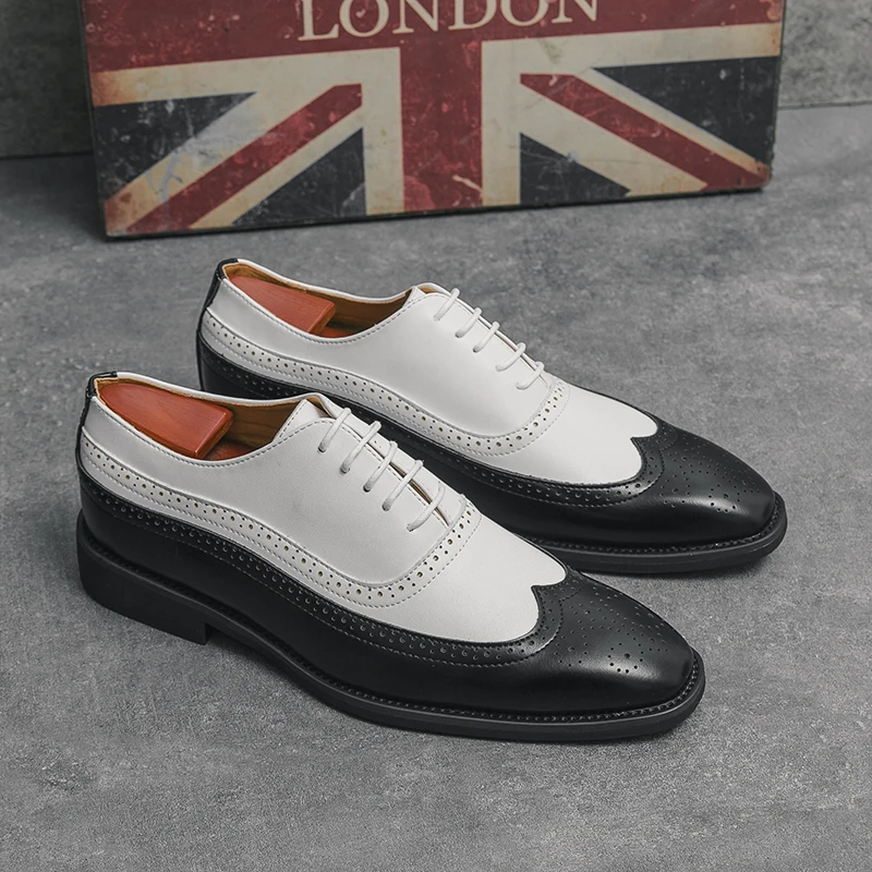 New Block Shoes Men PU Stitching Lace-up Carved Business Dress Shoes Comfortable - £72.34 GBP
