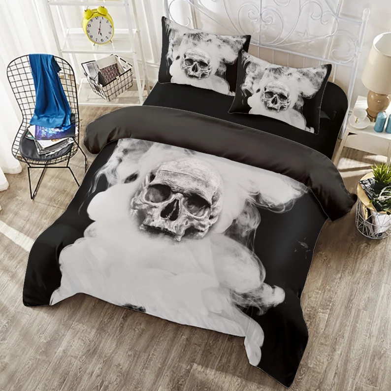 Skull and Smoke 4 Piece Duvet Set-Skull Bed Cover-Gothic Skull Bed Cover-Skull R - £55.94 GBP+