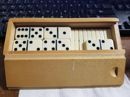 Vintage White Dominoes Set With Wooden Box - Hard Plastic - $15.83