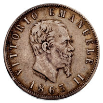 1863 Italy 2 Lire Silver Coin in VF Condition KM #16.1 - €74,06 EUR