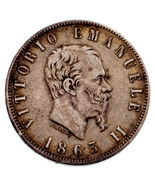 1863 Italy 2 Lire Silver Coin in VF Condition KM #16.1 - $1,563.48 MXN