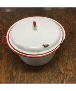 Vintage white red trim enamelware large pot with lid country farmhouse d... - $362.83 MXN